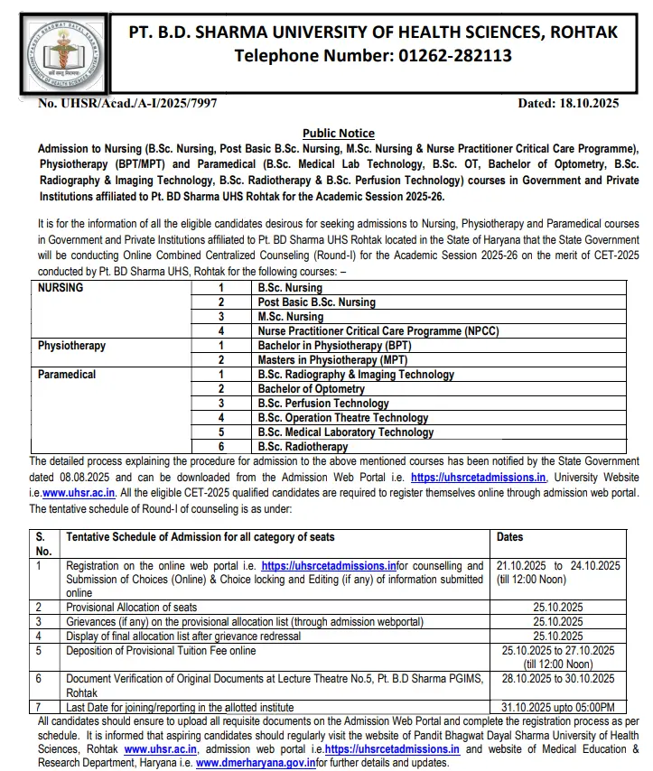 PGIMS Rohtak BSc Nursing Counselling 2025