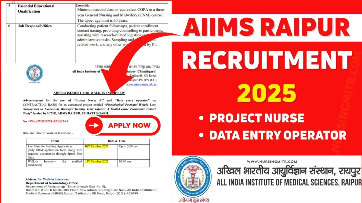 AIIMS Raipur Recruitment 2025: Walk-In Interview for Project Nurse & Data Entry Operator Posts