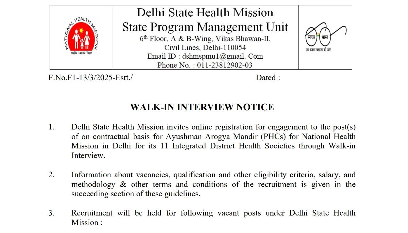 Delhi NHM Staff Nurse Vacancy