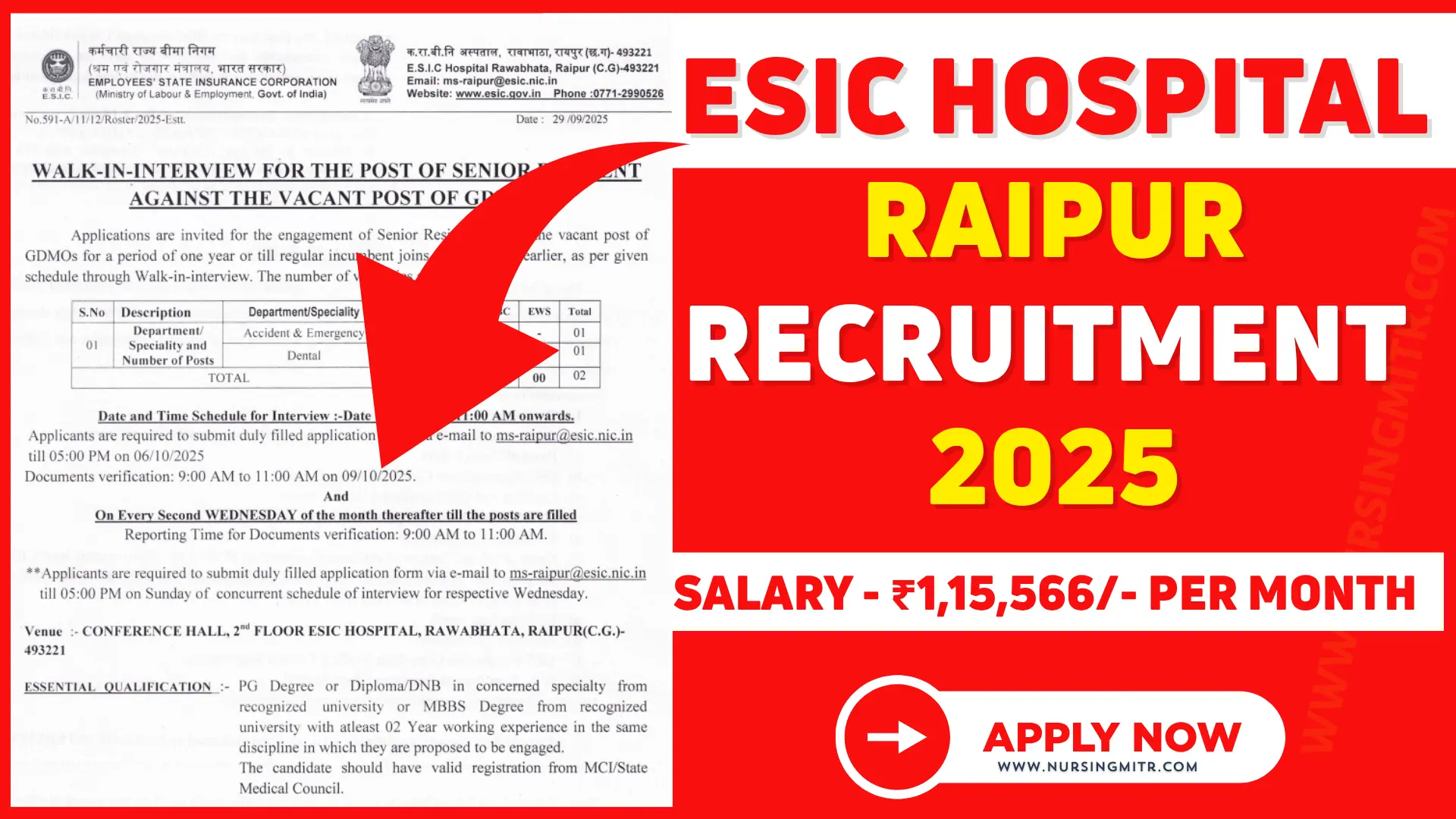 ESIC Hospital Raipur Recruitment 2025 walk-in interview