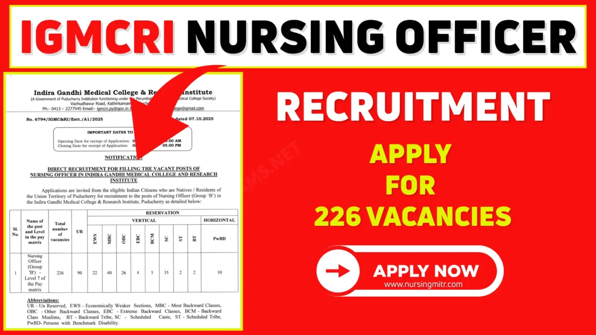IGMCRI Nursing Officer Recruitment 2025- Apply for 226 Vacancies