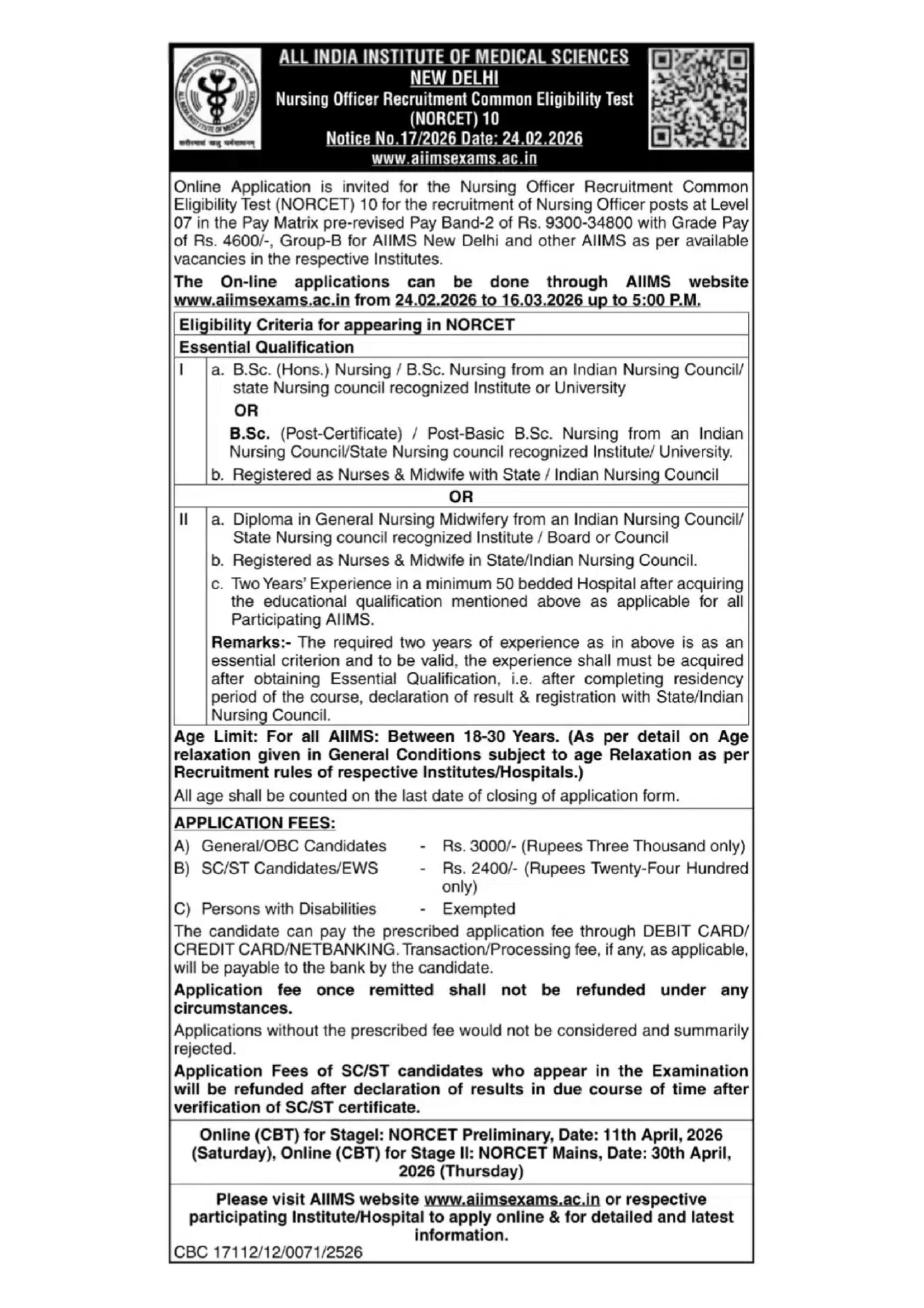 AIIMS NORCET 10 Vacancy 2026 Notification