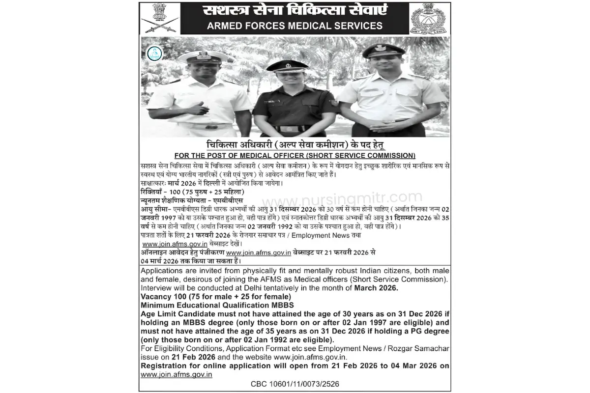 AFMS Medical Officer Recruitment 2026 Notification Out for 100 SSC Vacancies Apply Online from 21 February