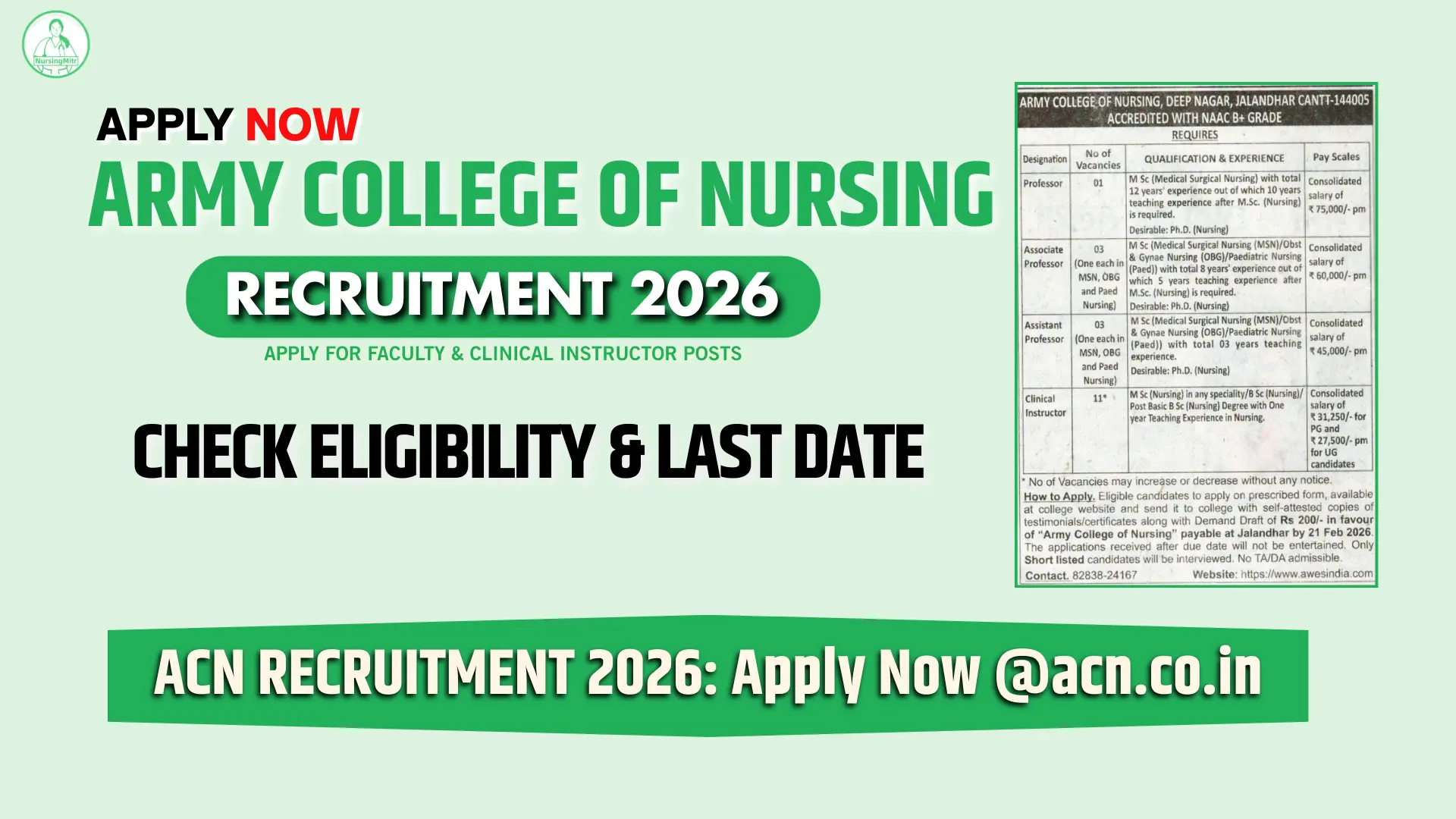 Army College of Nursing Jalandhar Recruitment 2026 for Faculty and Clinical Instructor Posts