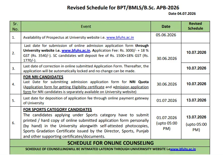 BFUHS BPT BMLS BSc APB Application Form Revised Schedule Counselling Update