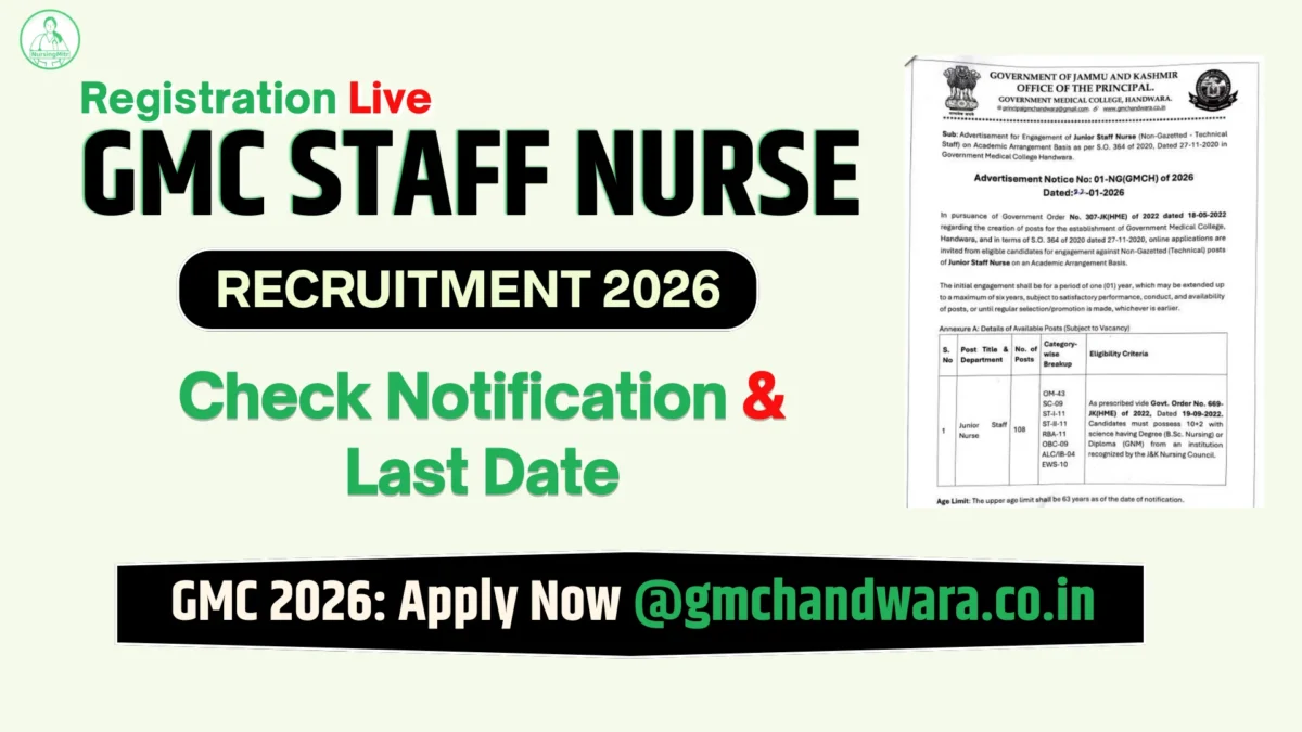 GMC Handwara Staff Nurse Recruitment 2026 Notification Out – 108 Posts, Apply now @gmchandwara.co.in GMC Handwara Staff Nurse Recruitment 2026 notification for 108 vacancies