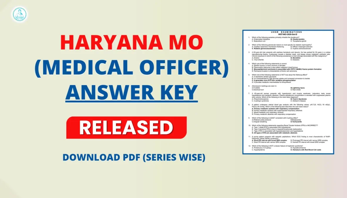 Haryana Medical Officer Answer Key 2026 PDF download for booklet series A B C D held on 15 February 2026