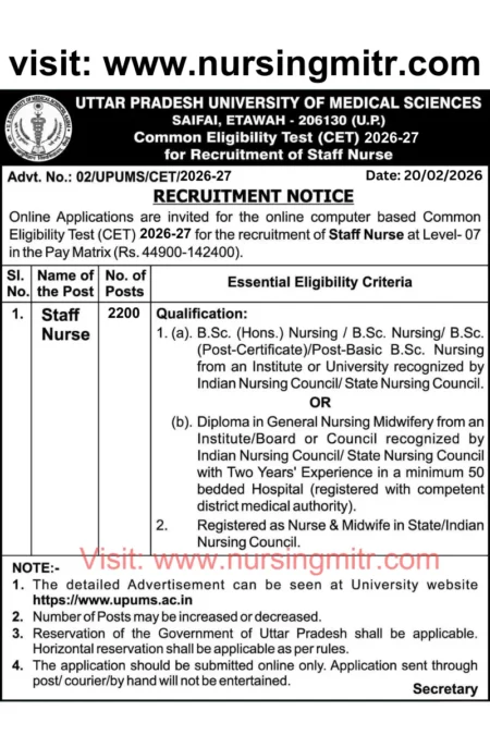 UPUMS Staff Nurse Recruitment 2026 notification