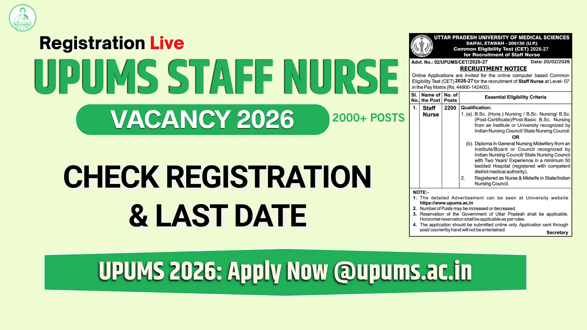 UPUMS Staff Nurse Vacancy 2026 apply online date and eligibility