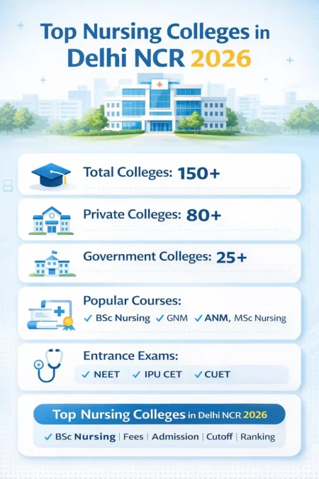 Top Nursing Colleges in Delhi NCR 2026 infographic showing total colleges, private and government colleges, popular courses and entrance exams