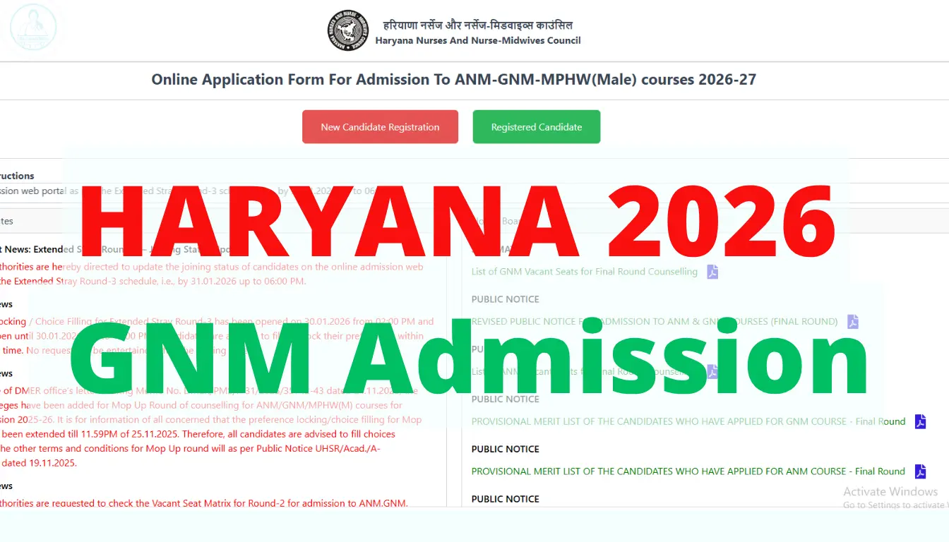 Haryana GNM Admission 2026 application form eligibility last date counselling details