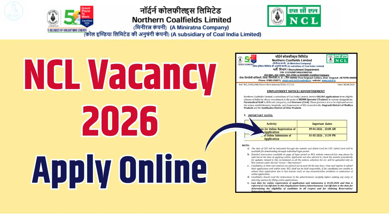 NCL Recruitment 2026 notification for 577 vacancies