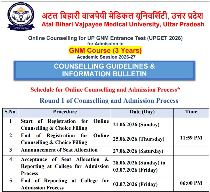 ABVMU UP GNM Counselling 2026 Round 1 ABVMU UP GNM Counselling 2026 Round 1