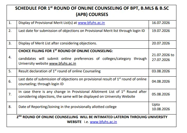 BFUHS BPT BMLS BSc APB 1st Round Counselling Schedule 2026 BFUHS BPT BMLS BSc APB 1st Round Counselling Schedule 2026