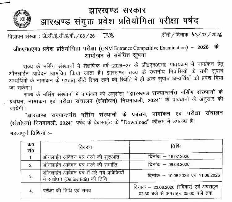 JCECEB GNM Online Form 2026 JCECEB GNM Online Form 2026