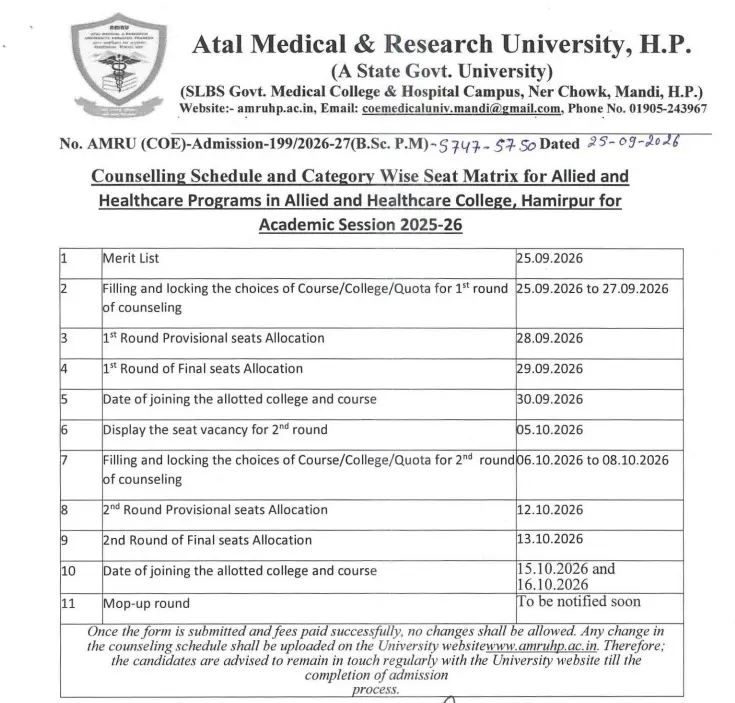 Allied and Healthcare College Hamirpur Counselling Schedule 2026