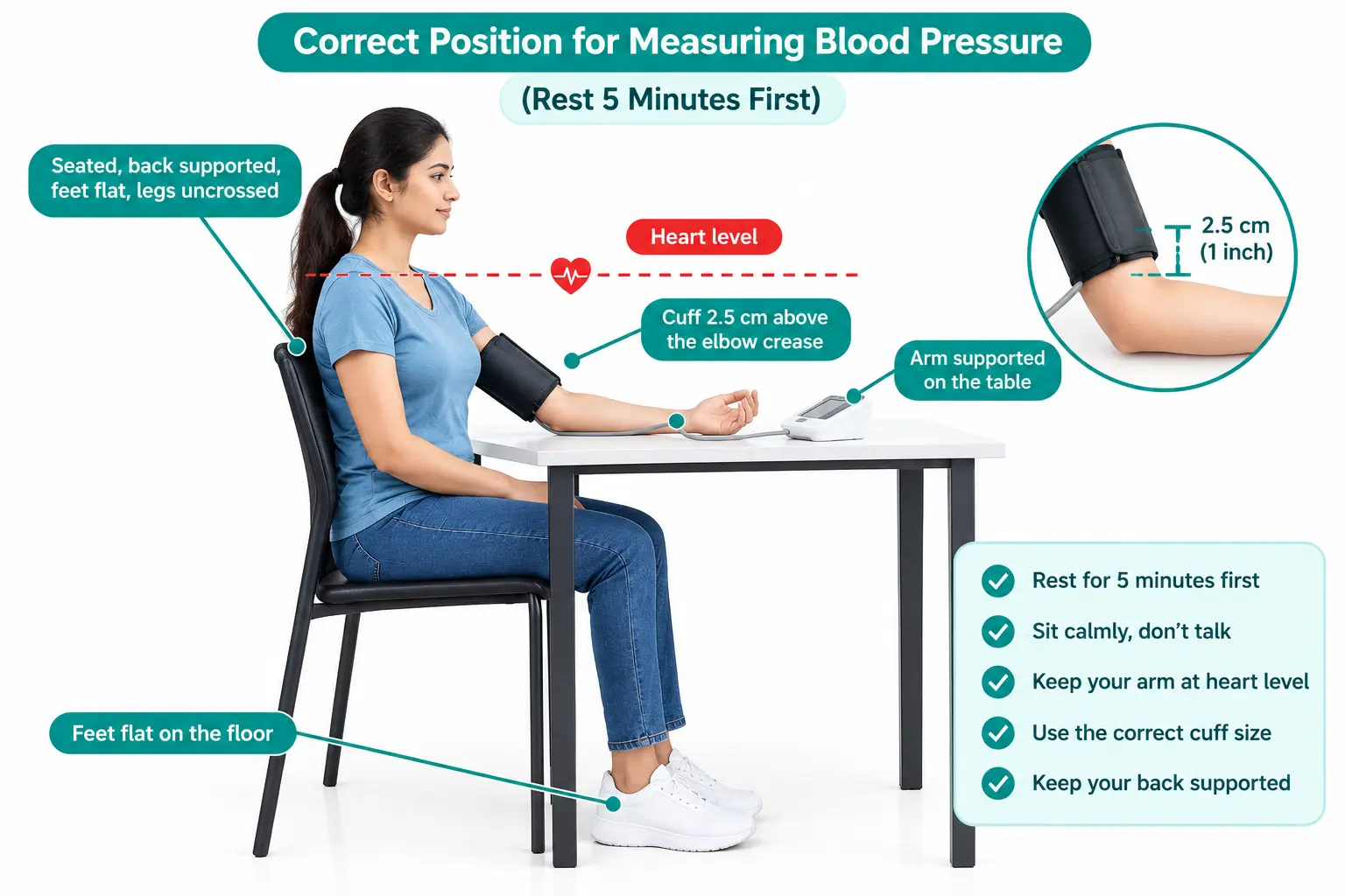 correct position for measuring blood pressure (rest 5 minutes first)