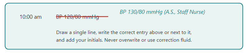 How to correct an error in a record (single line, correct entry, initials)