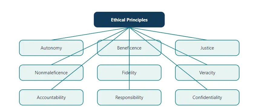 Nine ethical principles in nursing. The first four (A-B-J-N) are asked most often