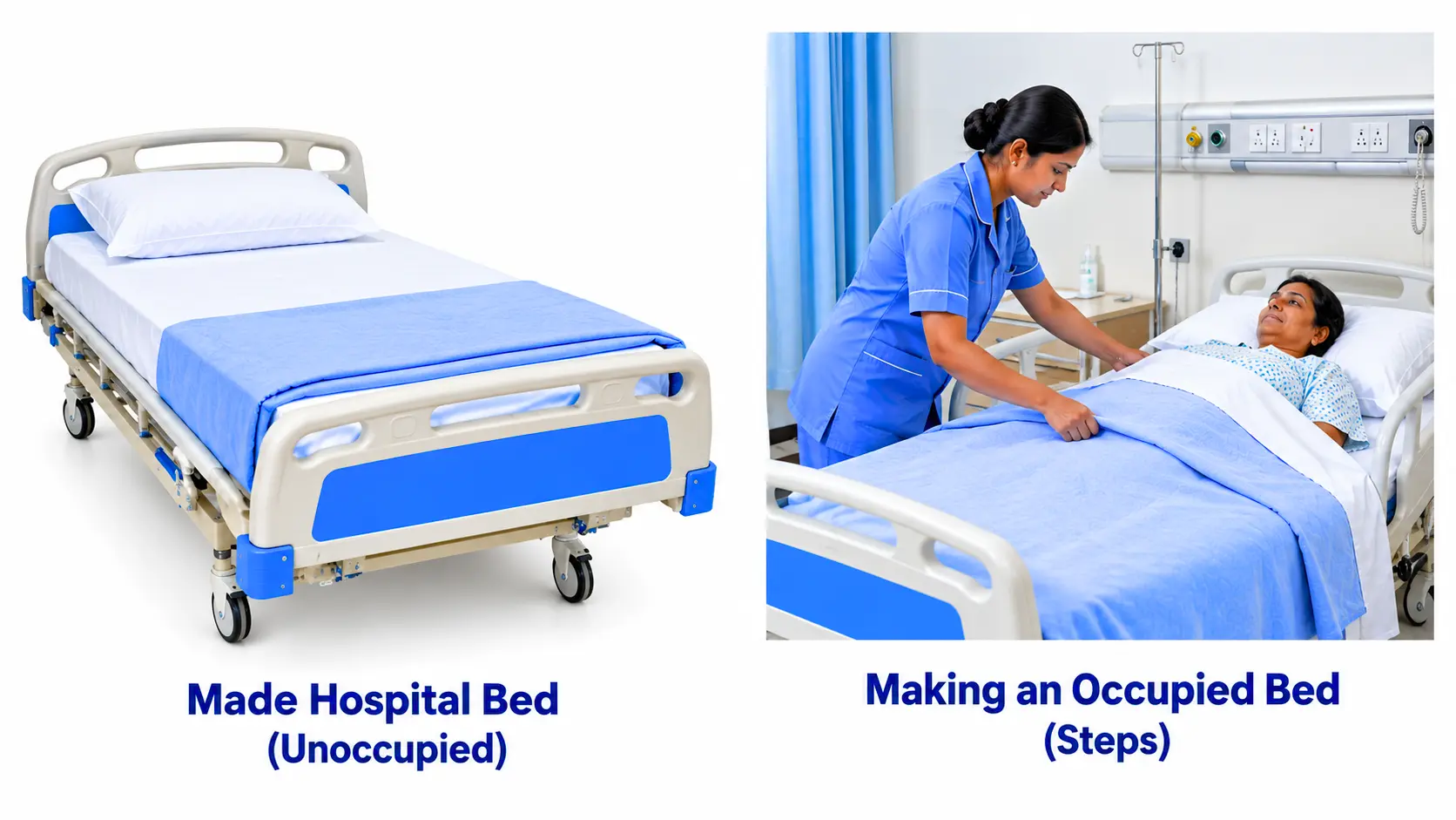 Nurse making a hospital bed – unoccupied and occupied bed
