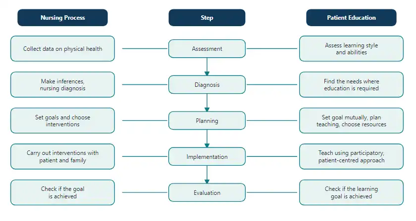 Patient education runs alongside every step of the nursing process