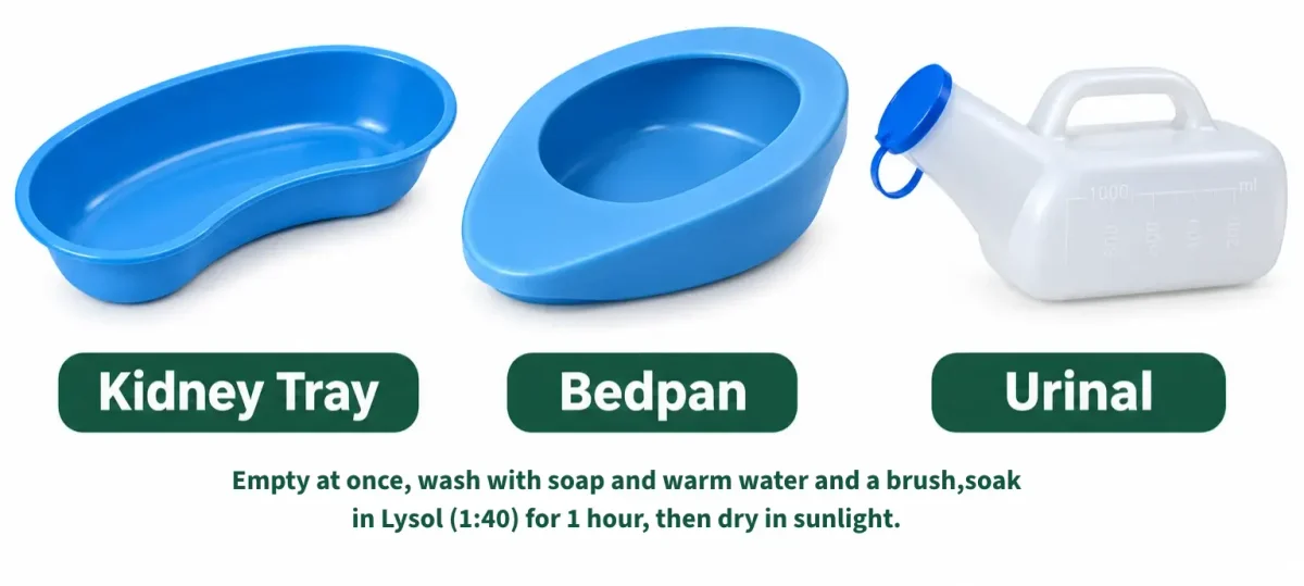 plastic items used in the ward (kidney tray, bedpan, urinal)